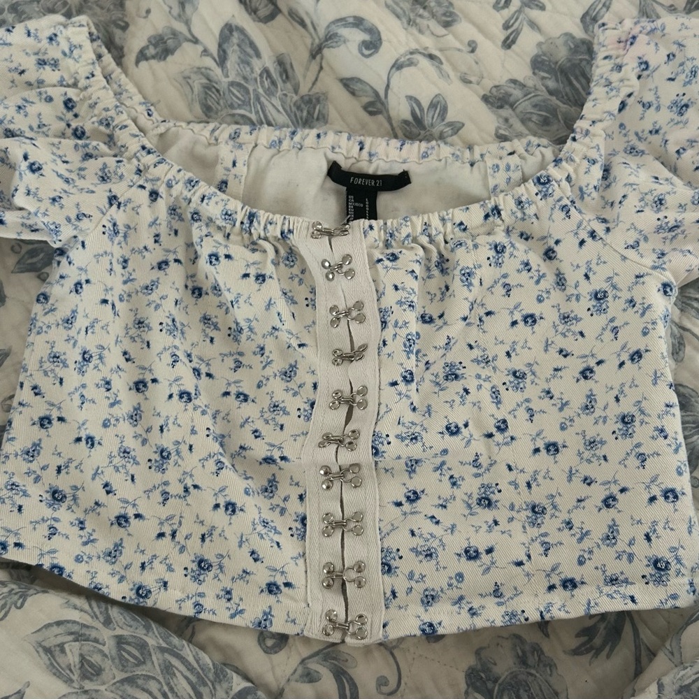 Forever 21 Blue Floral Off-Shoulder Top